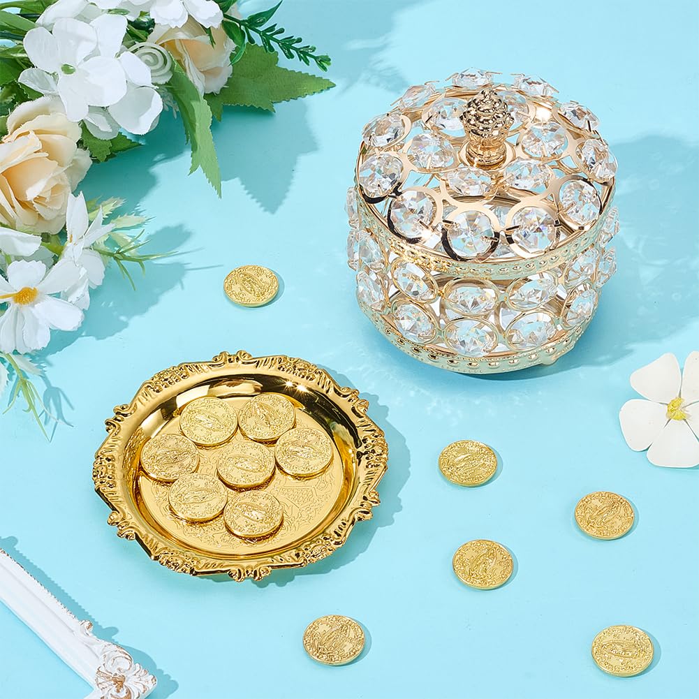 ORIGACH Juego de monedas de oro Arras de Boda, caja redonda con 13 monedas de Jesús y bandeja en relieve, accesorios de boda para ceremonia