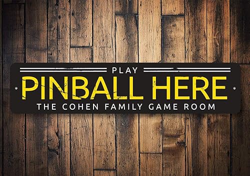 Miniatura 2 de Play Pinball Here - Letrero de aluminio para sala de juegos, nombre familiar, 6 x 24 pulgadas