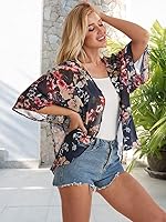 Vista 7 de Cárdigan tipo kimono para mujer, de manga abombada con estampado floral, casual