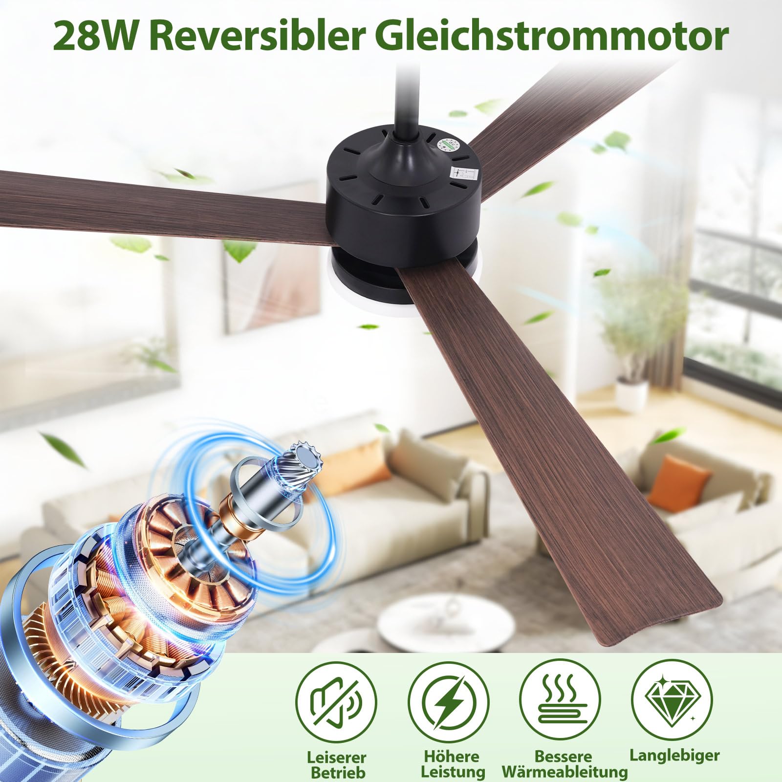 Glitzerlife LED Deckenventilator mit Beleuchtung und Fernbedienung | 22W Deckenventilatorn leise 131cm Ventilator mit Licht Dimmbar 6 Gang Timer Deckenlampe Ventilator Schlafzimmer Wohnzimmer
