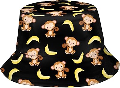 Funny Monkey and Banana Print Bucket Hat for Women Men Fisherman Hat Packable Sun Cap for Beach Travel
