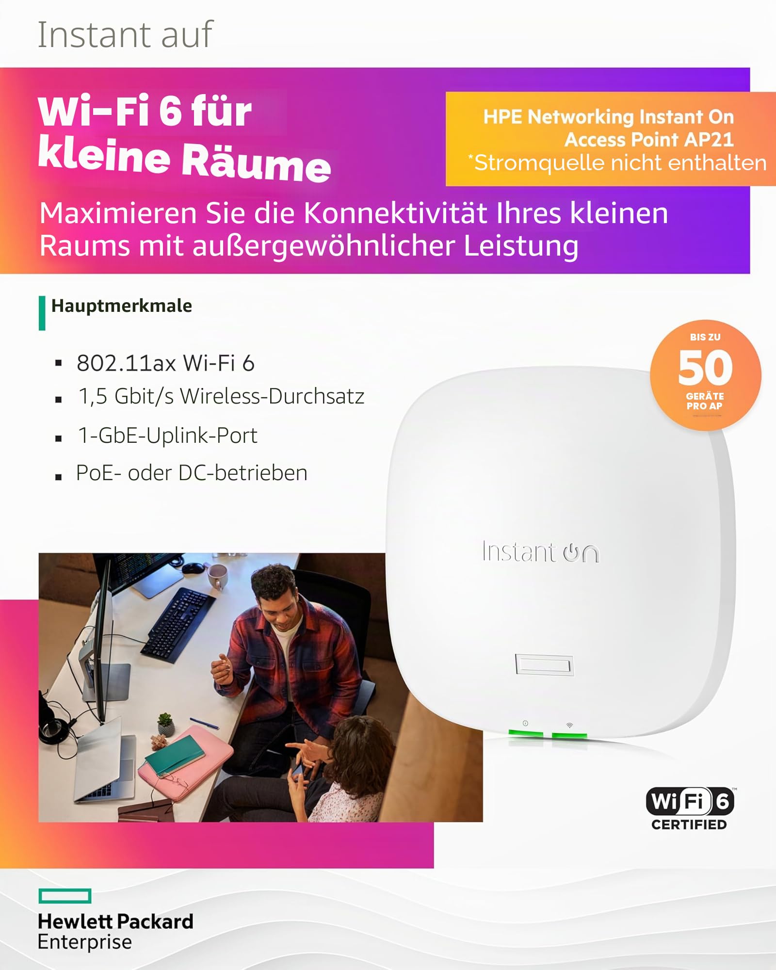 HPE Networking Instant On Access Point AP21 2x2 WiFi 6 Innenbereich | Netzteil Nicht im Lieferumfang enthalten | RW Rest-of-World-Modell (S1T09A)