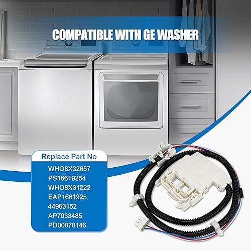 Miniatura 2 de WH08X32657 Interruptor de tapa de lavadora con arnés de cable para lavadoras GE, piezas de repuesto compatibles con la mayoría de interruptores de