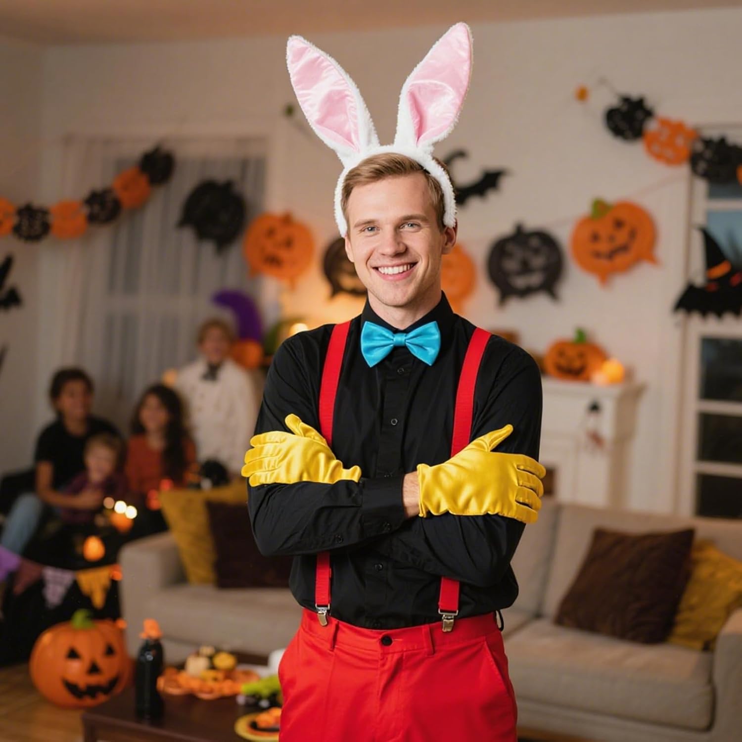 4 Pcs Bunny Rabbit Costume Men Bunny Ear Headband Bow Tie Glove Y Back Adjustable Suspender for Halloween Adult Cosplay - Image 7