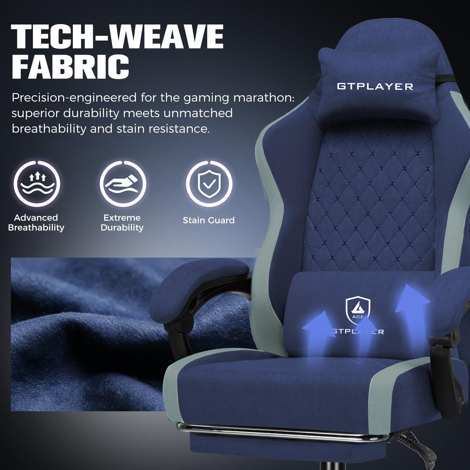 GTPLAYER Sedia da gaming ergonomica, sedia da ufficio in tessuto traspirante, larga e alta, girevole, con poggiapiedi, supporto lombare regolabile e poggiatesta, Blu scuro