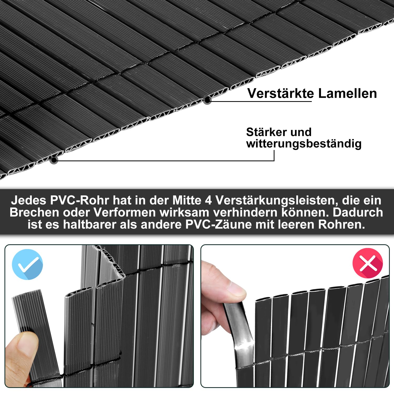 Sichtschutzmatte, PVC Sichtschutzzaun, 4-Gewicht-Verstärkung, 0.9 x 8M Sichtschutz für Zaun Balkon, Gartenzaun mit Kabelbindern, Windschutz UV-beständig, für Balkon Garten Terrasse, Anthrazit