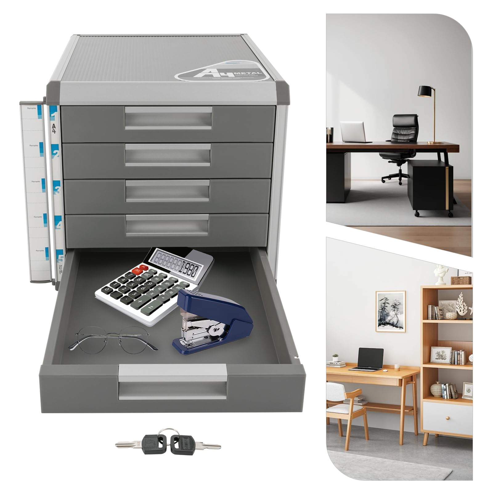 Cassettiera in lega di alluminio a 5 scomparti, formato A4, organizer da scrivania, cassetti con serratura ed etichette per riporre documenti e moduli