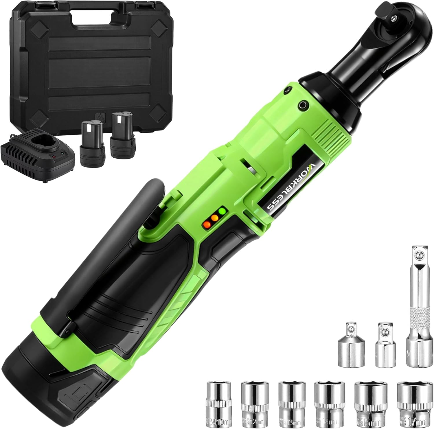 3/8" Electric Ratchet Wrench Set, 12V Cordless Ratchet, Power Socket Wrench Set with Variable Speed, 6 Sockets, LED Light, 1/4" Adapter, 1/2" Adapter, 2 x 2.0Ah Battery