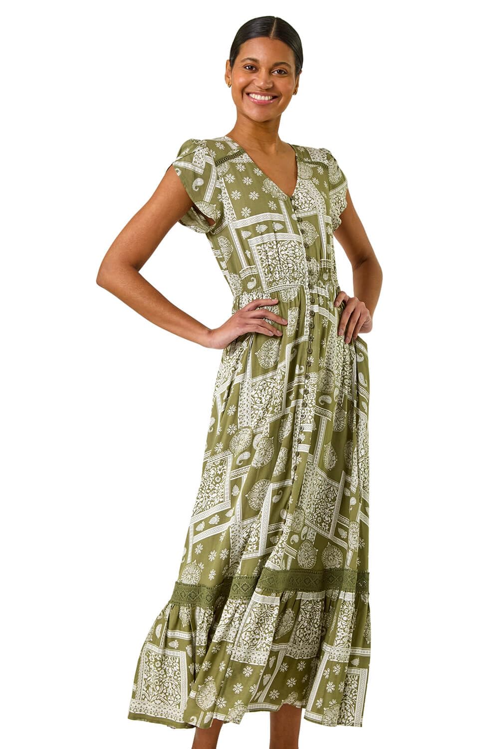 Roman - Women's Maxi Dress - Patchwork Lace Trim - Size 10 - Khaki