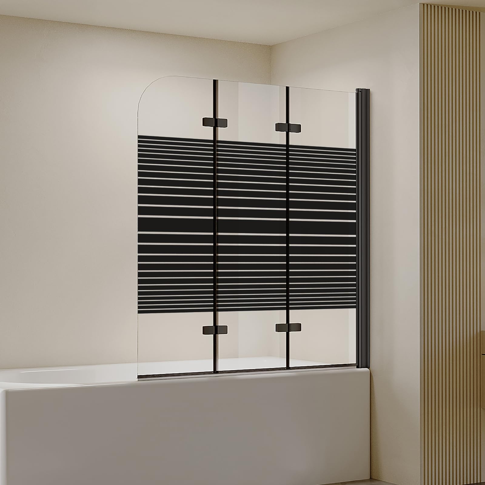 Duschwand für Badewanne Faltbar 3-teilig Schwarz 120 x 140 cm Badewannenaufsatz Duschabtrennung mit Streifen Milchglas Badewannenfaltwand aus 6mm ESG Sicherheitsglas mit Nano-Beschichtung