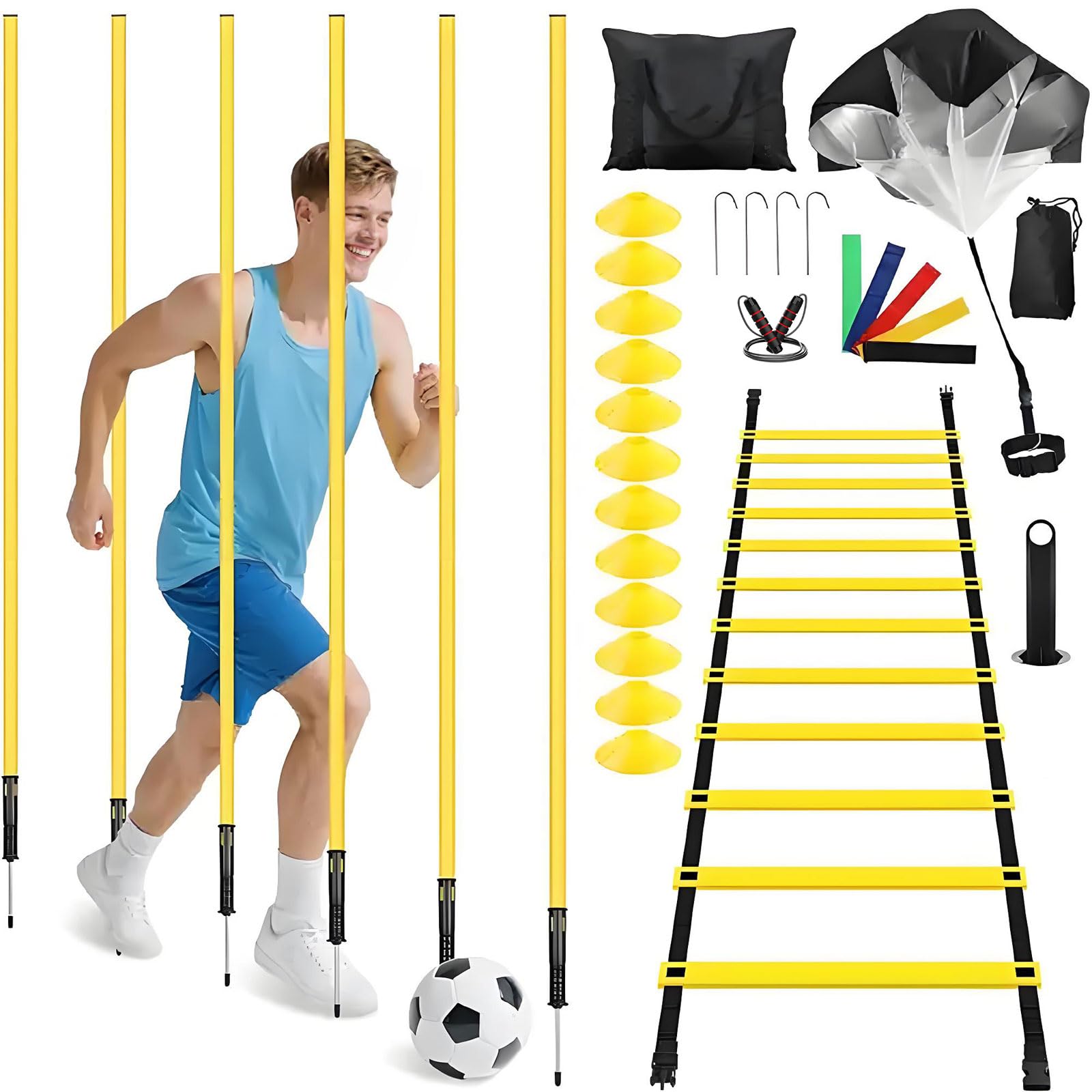 Soccer Agility Training Equipment, Sports Speed Agility Kit, 6 Agility Poles, 20ft Sports Speed Agility Ladder, 12 Disc Cones, Resistance Parachute, Jump Rope, 5 Resistance Bands