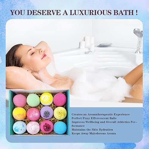 Miniatura 8 de Set de 12 bombas de baño humectantes para piel seca, con aromas relajantes hechos de aceites esenciales para baño de burbujas y spa, regalos de