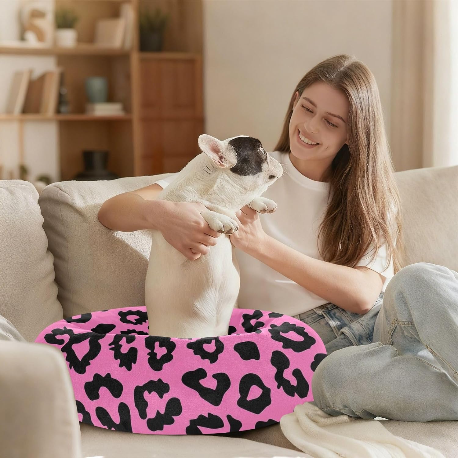 Leopard Pink Pet Dog Beds Removable & Washable Dog Pillow Bed for Medium Size Pets Supplies M