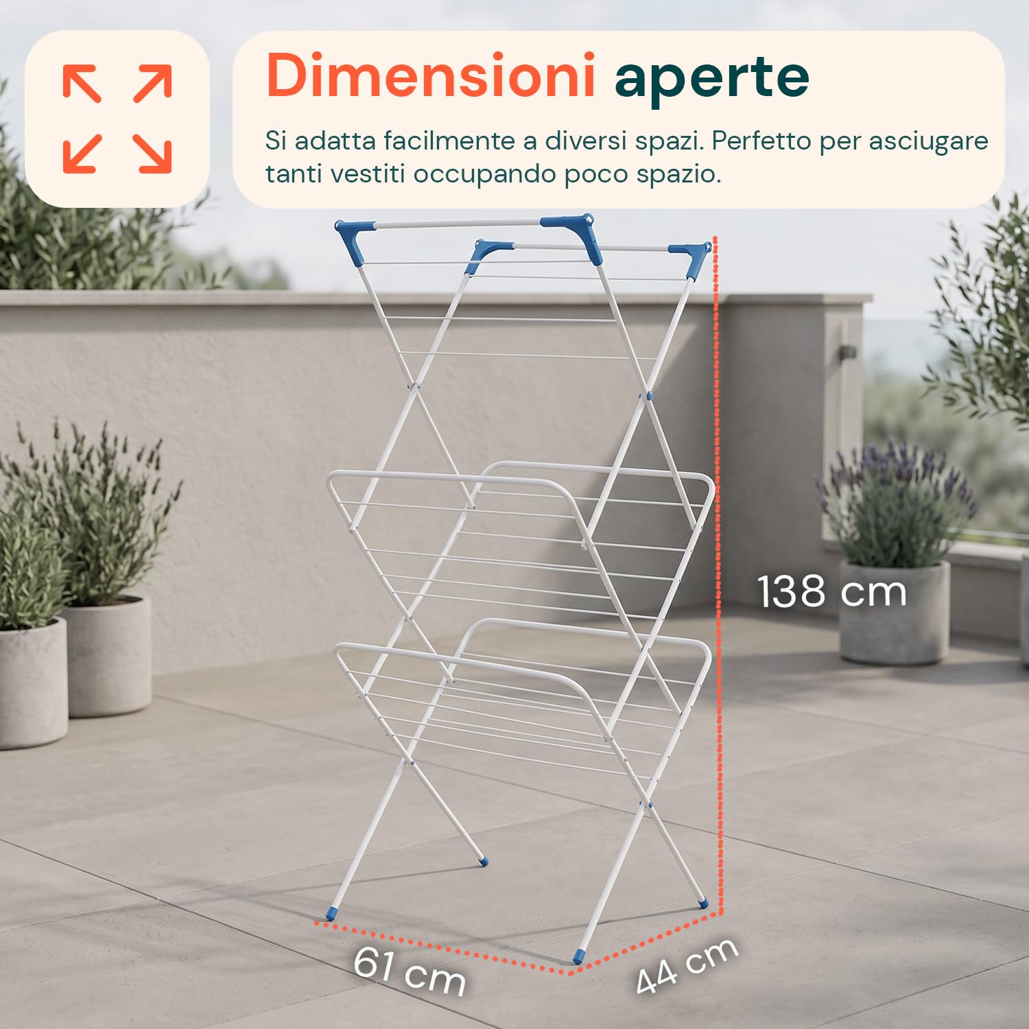 Avilia – Stendino Verticale Salvaspazio Richiudibile in Acciaio con Ganci per Stendere Capi Lunghi, Ideale per Interni ed Esterni, Facile da Chiudere e Riporre