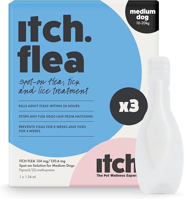 Itch | Medium Dog Flea & Tick Treatment Spot-On Solution | Dogs 10kg - 20kg | Kills Fleas, Lice, Ticks, Eggs and Larvae | 3 Pipettes