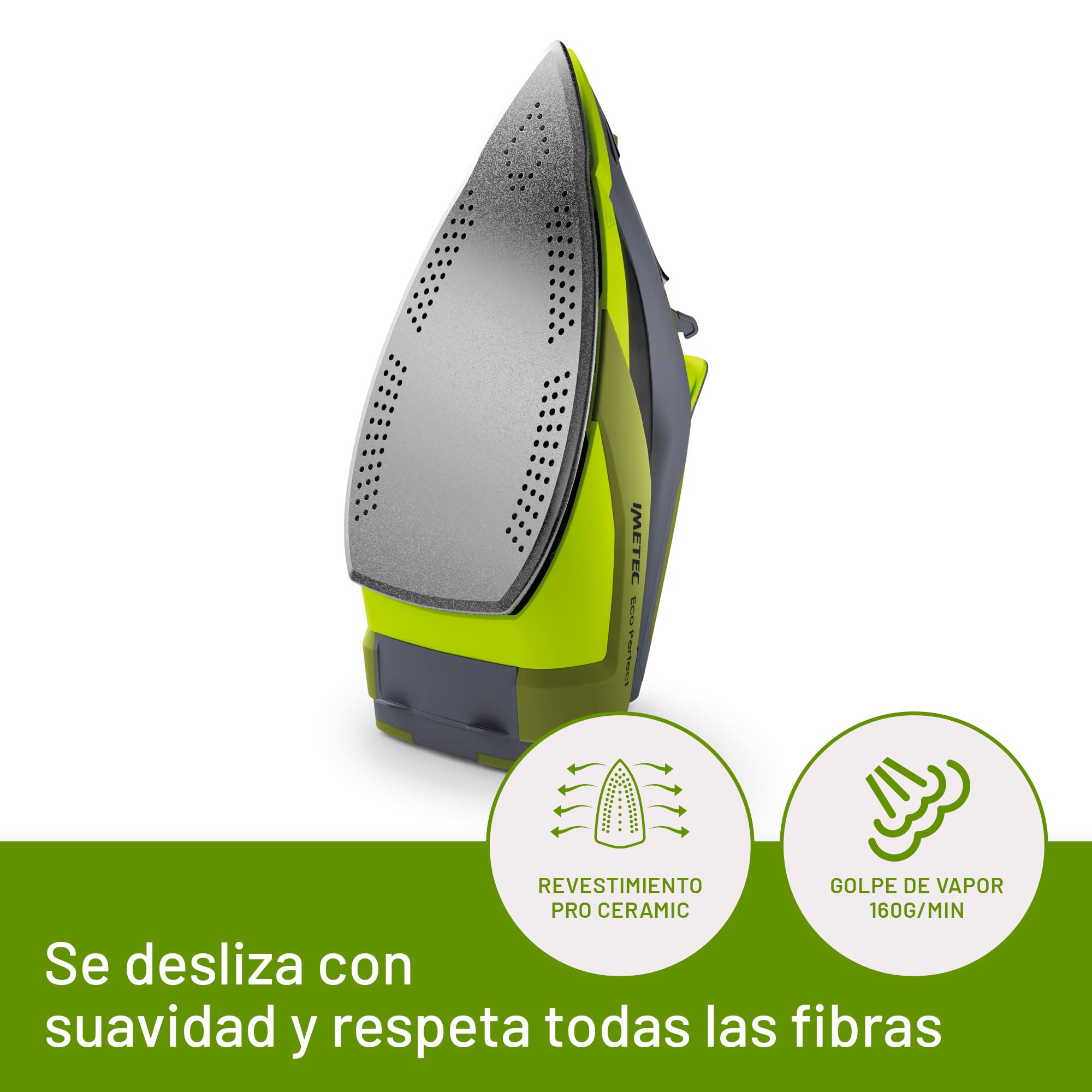 Imetec Plancha de Vapor Eco Perfect, resultados con -35% de consumo de agua y -25% de consumo de energía, Suela con revestimiento de cerámica Pro, Triple protección anti-cal, 2400 W