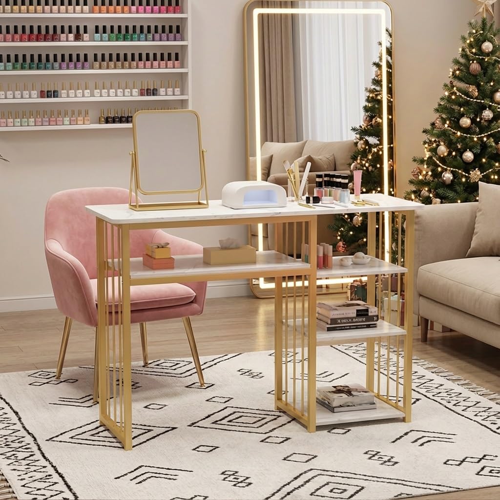 Biurko do paznokci, stacja do manicure, marmurkowa tekstura manicure z wieloma otwartymi półkami, stacja robocza do salonu spa, biurko do salonu piękności, spa, białe