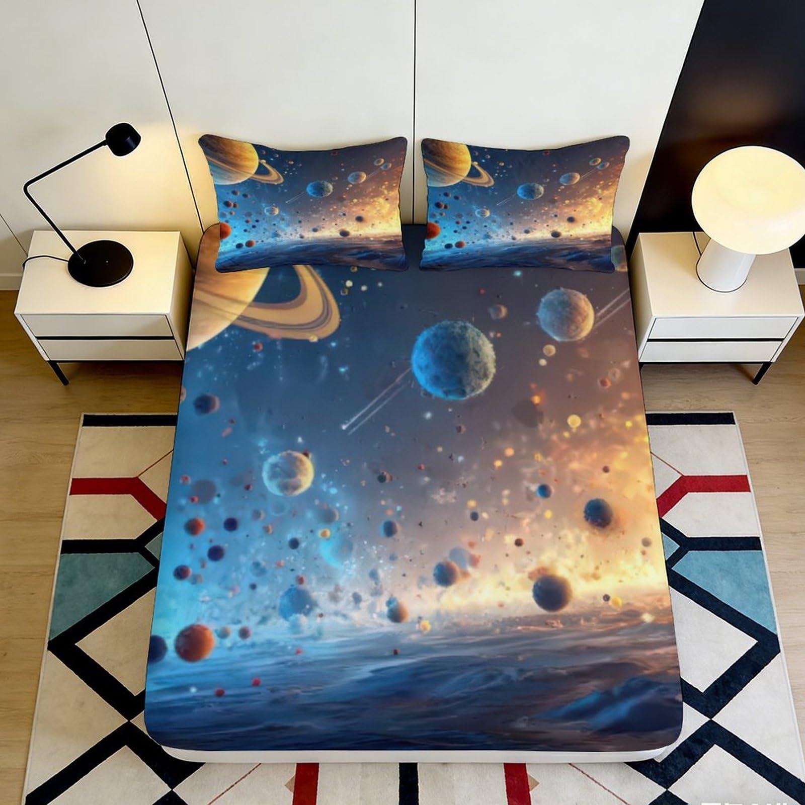 3D Printed Galaxy Planets Fitted Sheet Microfiber Deep Pocket Non-Slip Bedroom Bedding Space Mattress Fitted Cover for Adults Teens Washable 200x200x25cm