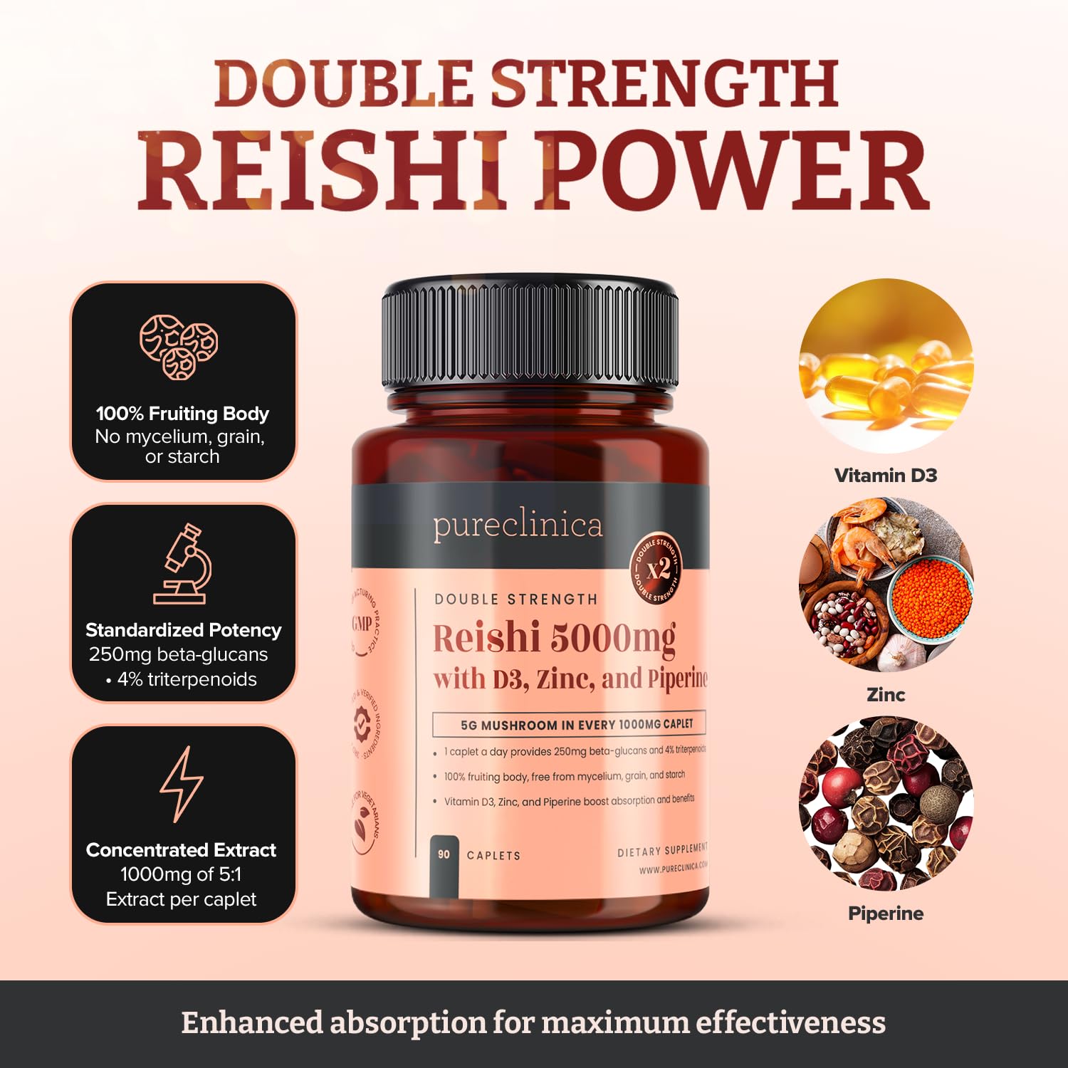 Doppelt konzentrierter Reishi-Pilz 5000 mg – 360 Tabletten (4×90) – 12-Monatsvorrat – mit Vitamin D3, Zink & Piperin – 100 % Fruchtkörper, ohne Myzel oder Füllstoffe