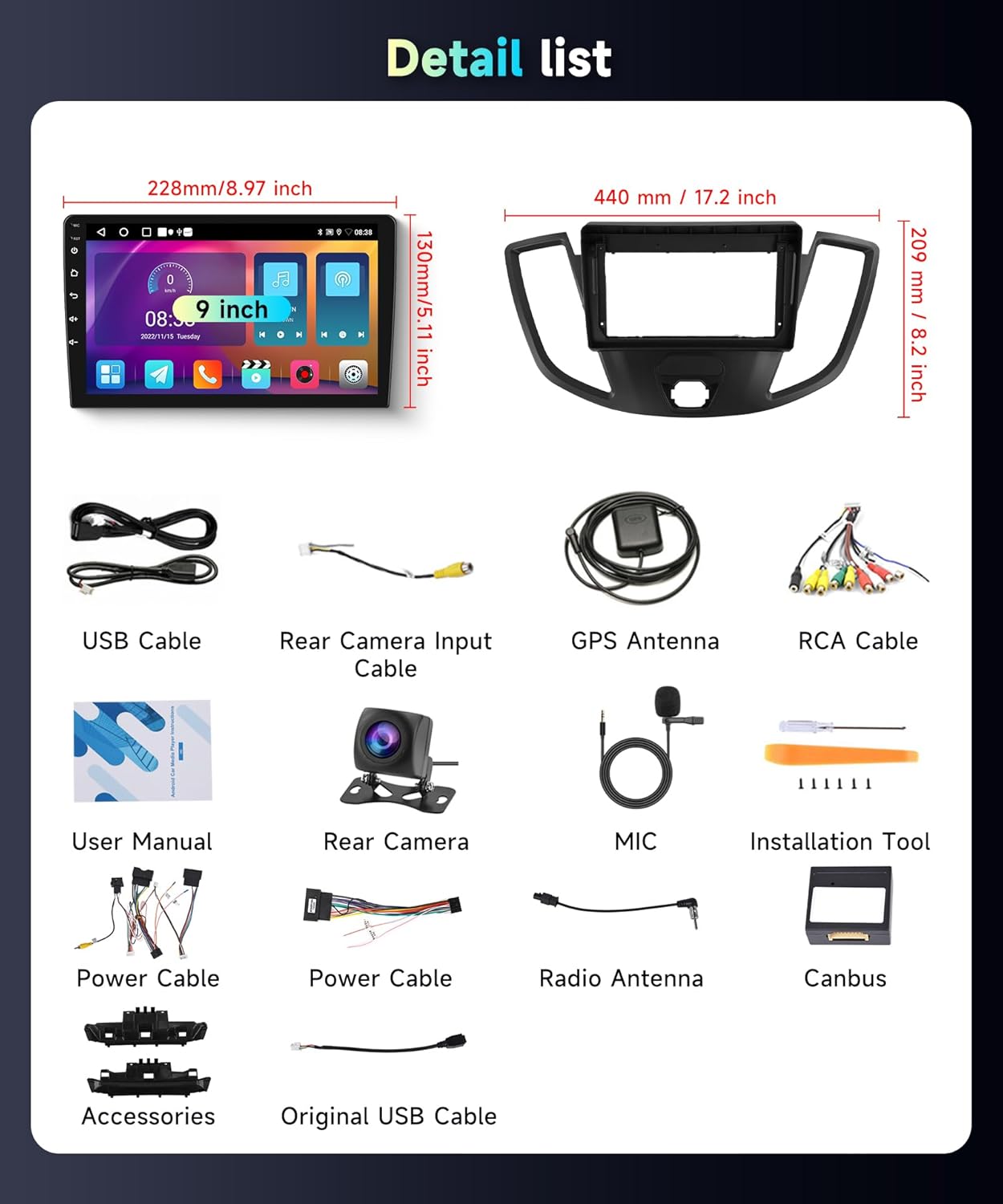 5Ghz WiFi for Ford Transit 2013-2019 Car Stereo Radio 9 Inch IPS Touchscreen Wireless Carplay/Android Auto DSP GPS Android 15 FM/RDS SWC Backup Camera