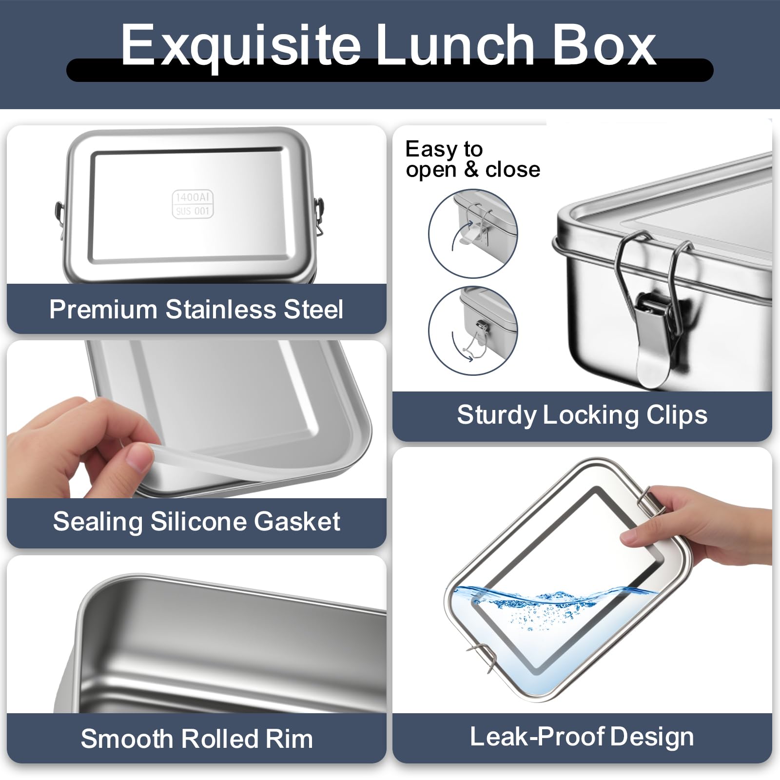 Lot de 2 grandes boîtes à déjeuner Bento en acier inoxydable avec couverts, 1400 ml avec compartiment amovible, portable, étanche, pour adultes, enfants, école, maison, bureau