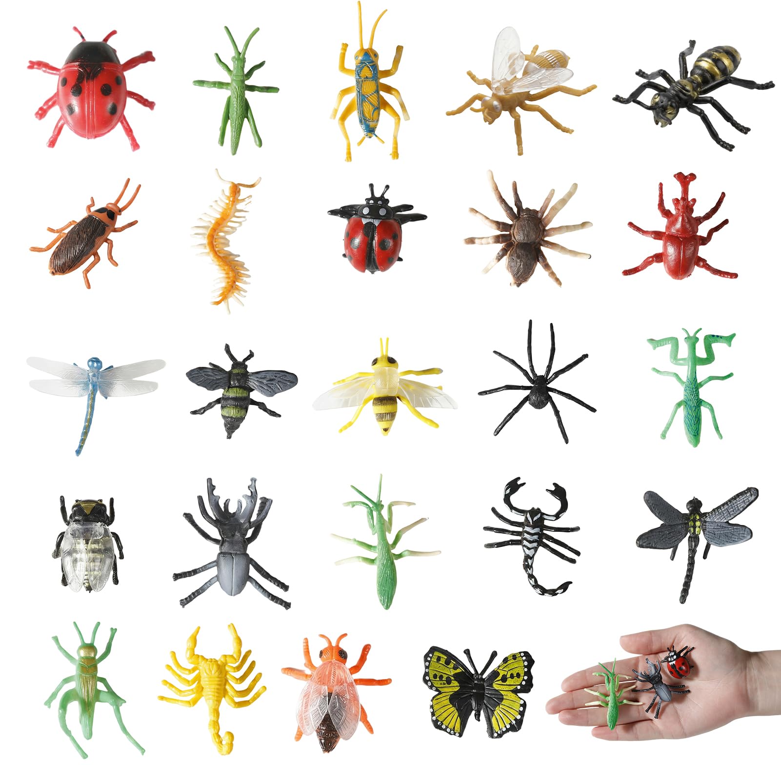 Realistic Insect Toys Set, 24Pcs Plastic Bugs Figures, Large Bugs Toys for Kids Education, Fake Plastic Bugs Figurines Set include Bee, Butterfly and Ladybug for Birthday Themed Party Favors