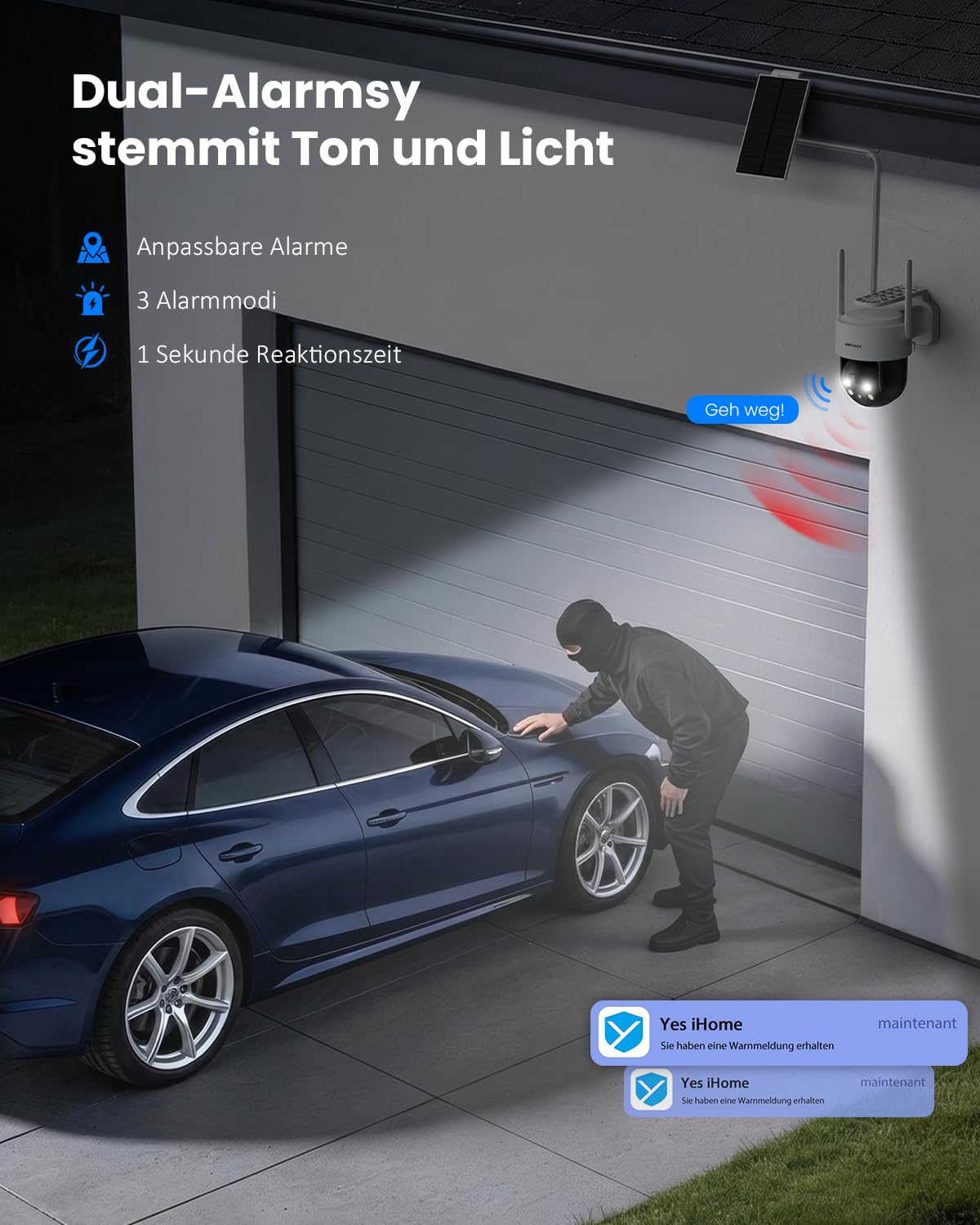 2K Solar Überwachungskamera Aussen 360° PTZ WLAN 2er Set IP66 Farbnachtsicht 2-Wege-Audio