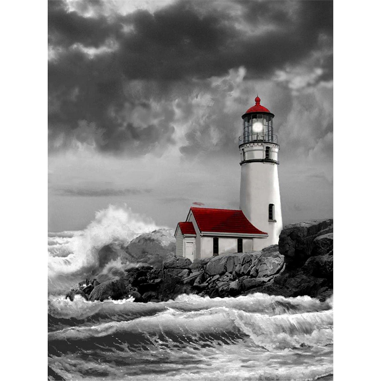 Yscolor White 5D Diy Round Diamond Embroidery Seaside Lighthouse Diamond Painting Cross Stitch Full Round Rhinestone Mosaic Decoration Gift 11.8X15.8 In/30X40cm