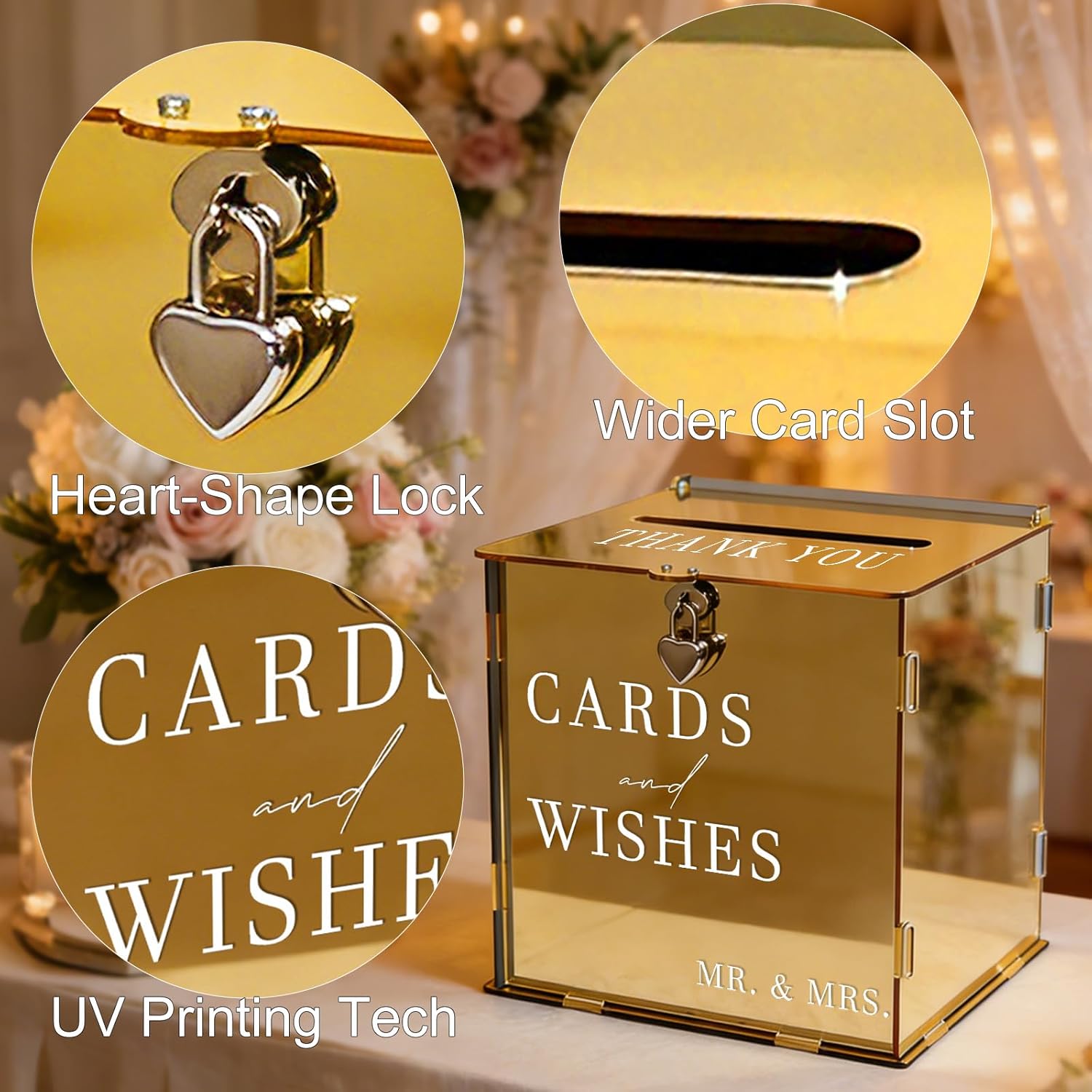 Acrylic Gold Card Box with Slot & Lock, Metallic Golden Classy Wedding Card Boxes for Reception, Large Money Gift Cards Box for Party Engagement Bridal Shower Luxury Wedding Table Decor