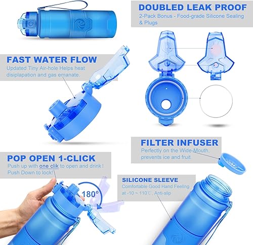 Miniatura 30 de Botella de agua deportiva Zorri, 13.5, 17, 23.6 onzas, sin BPA, a prueba de fugas, ligera, para exteriores, campamento, ciclismo, fitness, gimnasio