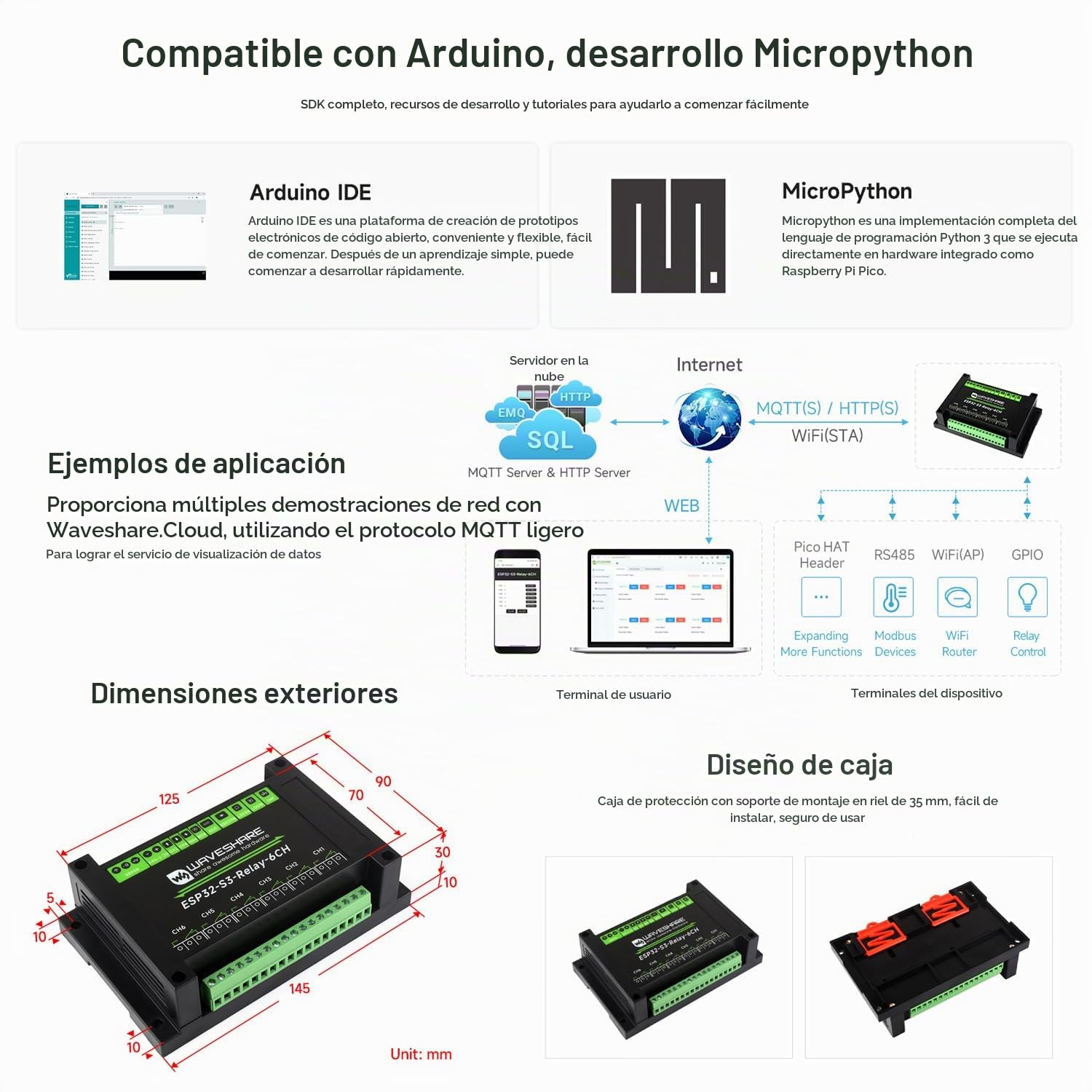 Waveshare Industrial 6-Channel ESP32-S3 WiFi Relay Module, Onboard RS485 / Pico HAT Interfaces, With Multiple Isolation Protection Circuits, Industrial-Grade, Rail-Mount Case
