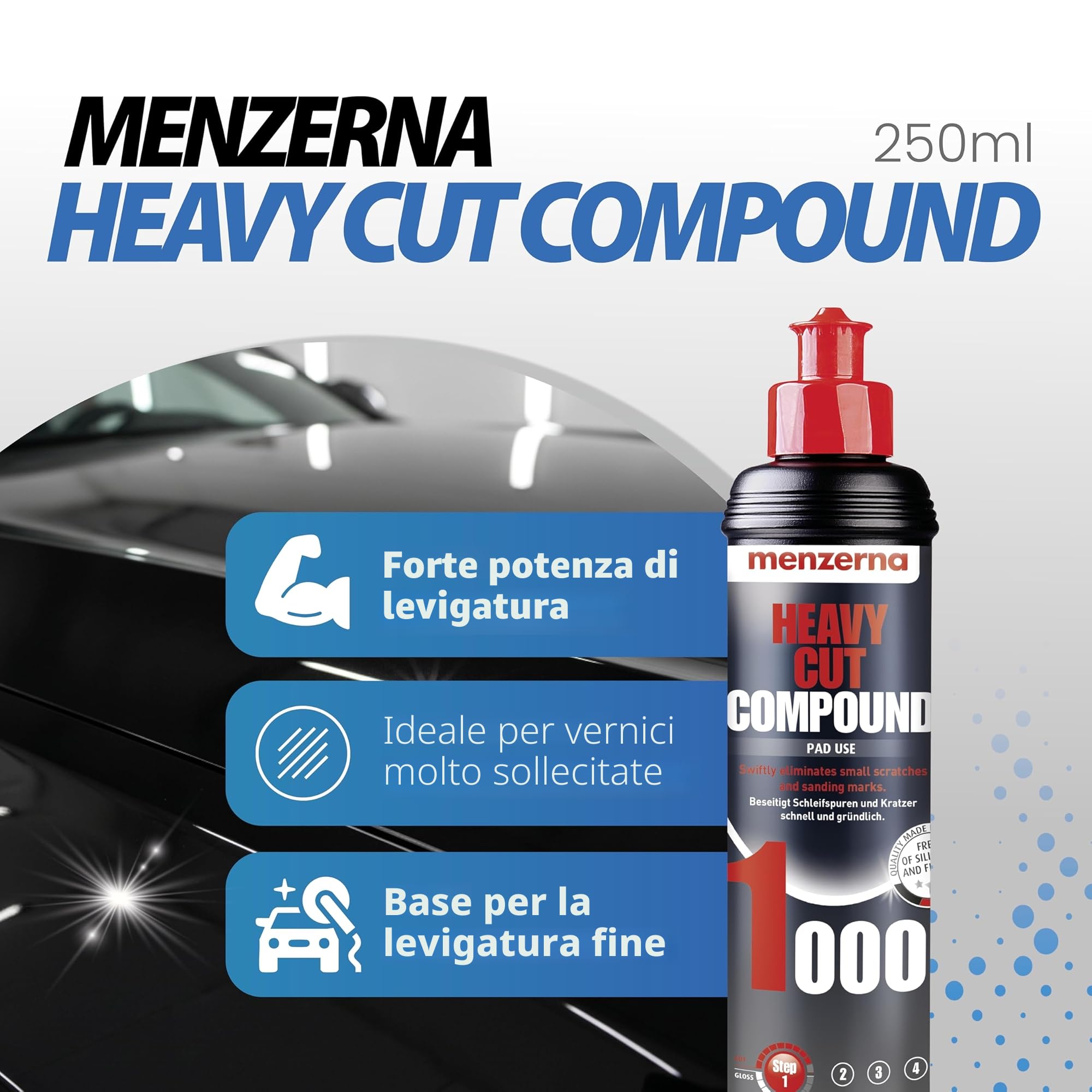 detailmate Set per lucidatura dell’Auto Menzerna Heavy Cut Compound 1000, Medium Cut Compound 2500, Super Finish Plus 3800, Koch Chemie Allround Quick Shine da 140 ml, Panno in Microfibra da 40x40cm