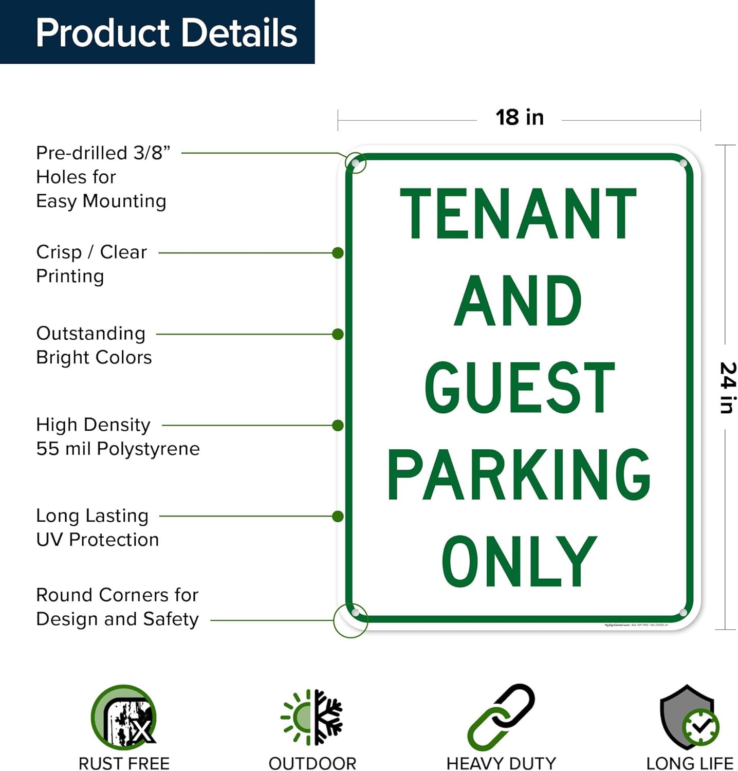 Tenant And Guest Parking Only Sign, 18x24 Inches, 55 mil thick HDPS (high density polystyrene), Made in USA by My Sign Center
