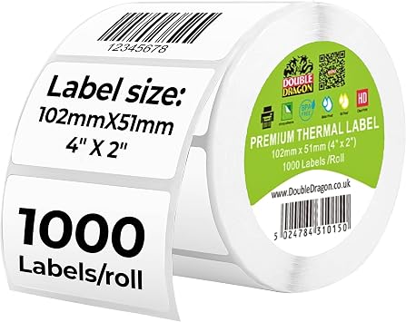 Double Dragon, 1,000 Direct Thermal Labels, 101mm x 50.4mm 4  x 2 , Premium Coated, Self-Adhesive, for Zebra, MUNBYN Printers