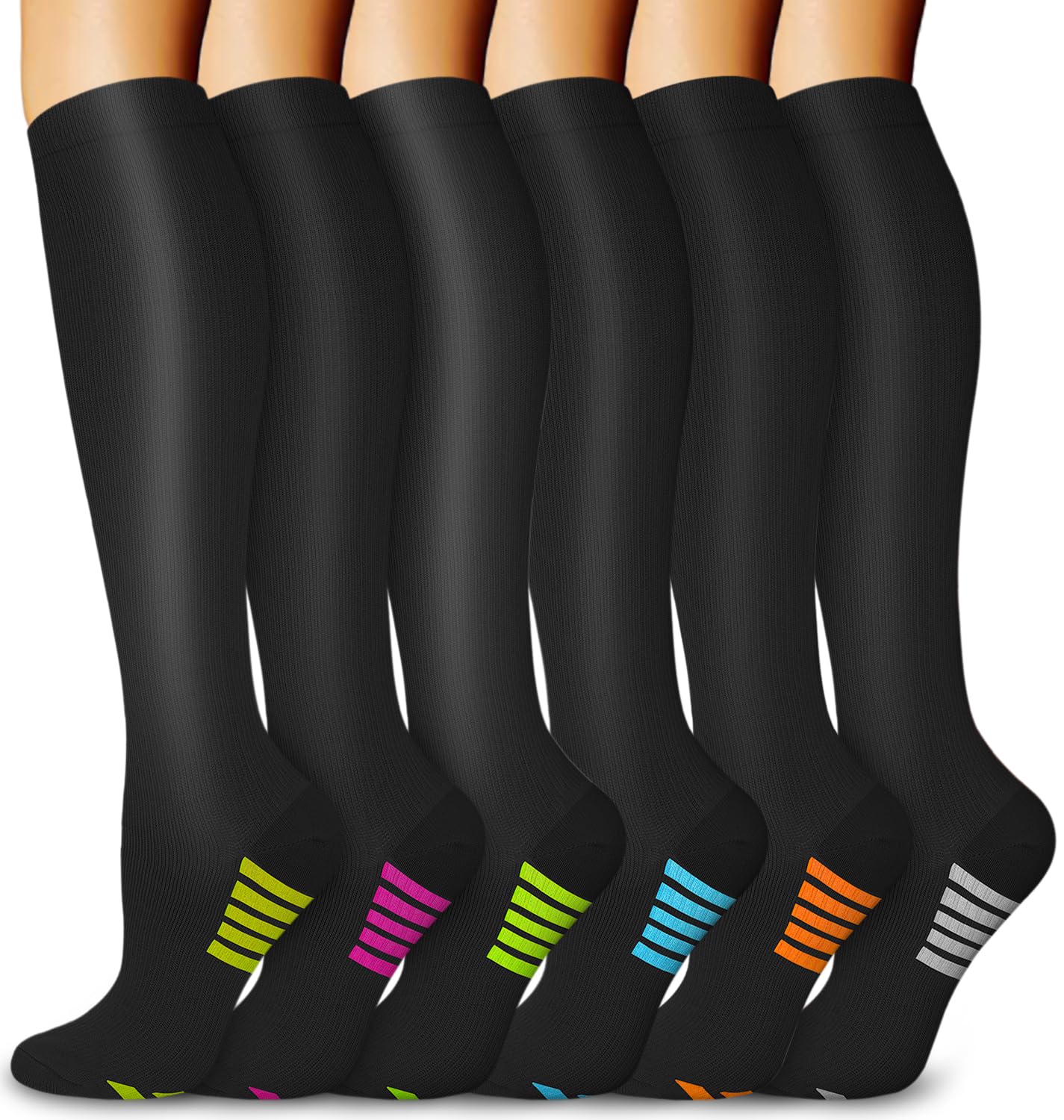 BLONGW 6 Paar Kompressionsstrümpfe Damen Herren Kniestrümpfe Stützstrümpfe | Compression Socks Sport Thrombosestrümpfe für Flug Kompressionssocken Laufen Reisen