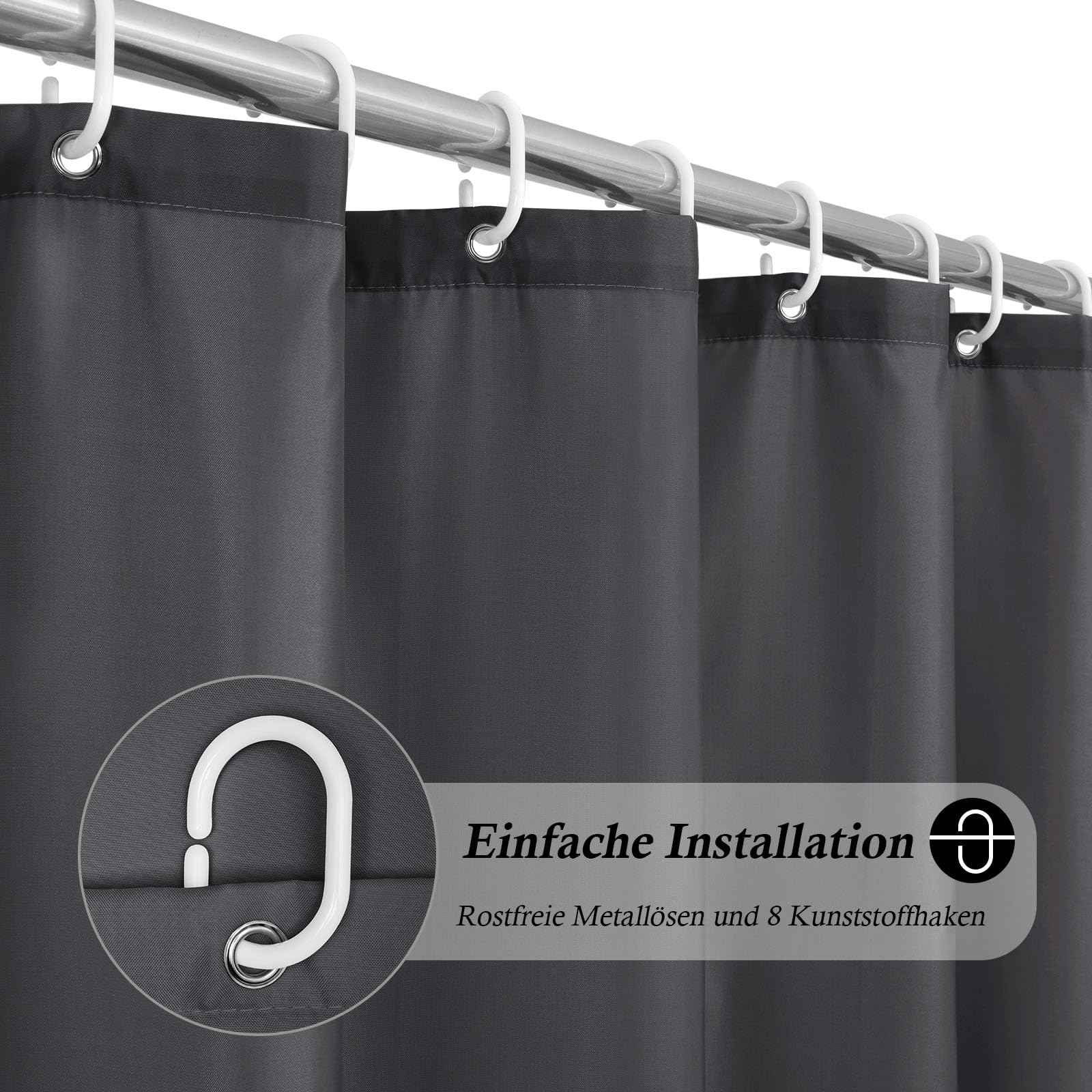 EurCross Cortina de ducha estrecha de 120 x 180 cm, gris oscuro, resistente al agua, para baño, bañera, pequeña cortina de ducha de tela de poliéster, antimoho, lavable con 8 anillas