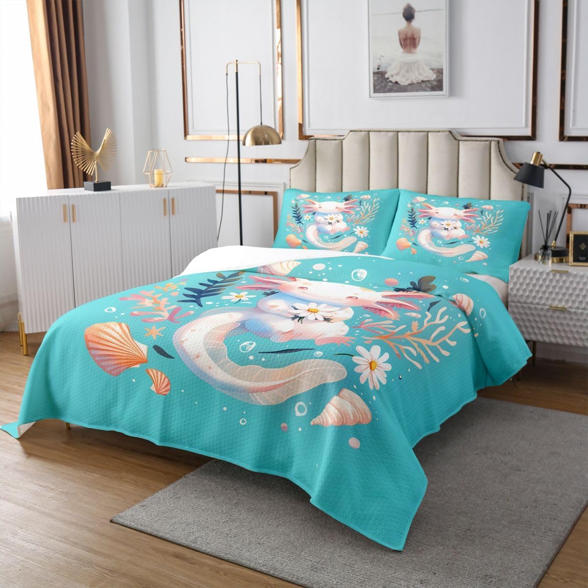 jejeloiu Cute Axolotl Bedspread 3 Pieces Queen Size Cartoon Salamander Coverlet Set Soft Cozy Kawaii Ocean Sealife Lightweight Quilted Coverlet for All Season with 2 Pillowcases Blue