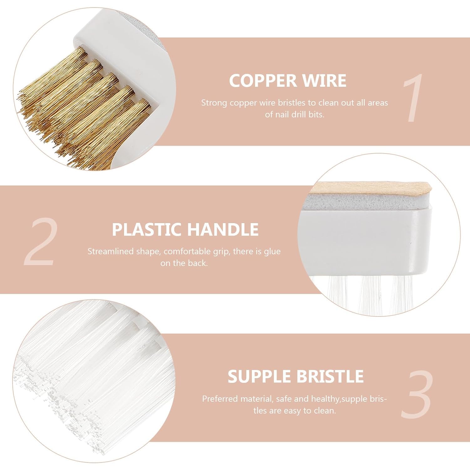 3pcs Copper Wire Cleaning Brushes for Nail Drill Bits, Versatile Manicure Tools with Supple Bristle and Plastic Handle, Multi-functional Nail Art Polishing Head for Salon and Home