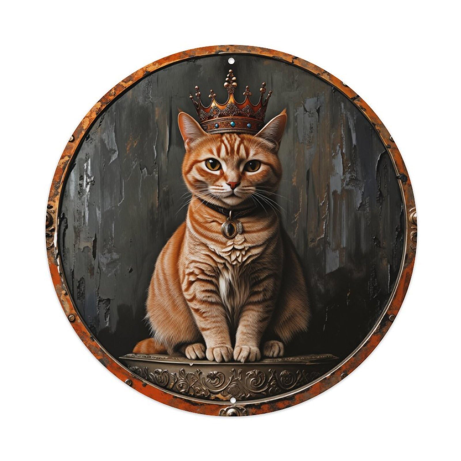 Crowned Cat Royal Portrait Art Round Tin Sign Vintage Metal Poster, Home Bar Garage Man Cave Cafe Indoor & Outdoor Wall Decoration 8x8Inches