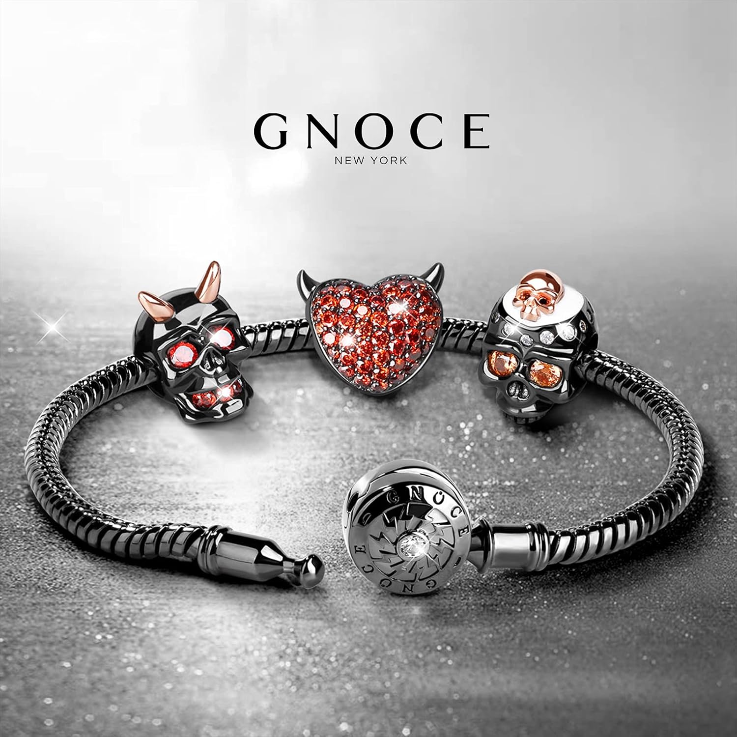 GNOCE Skull Bead Charms 925 Sterling Silver Black Little Devil with Rose Gold Horns Red Eyes Teeth Halloween Jewelry Charm for Bracelets Necklace