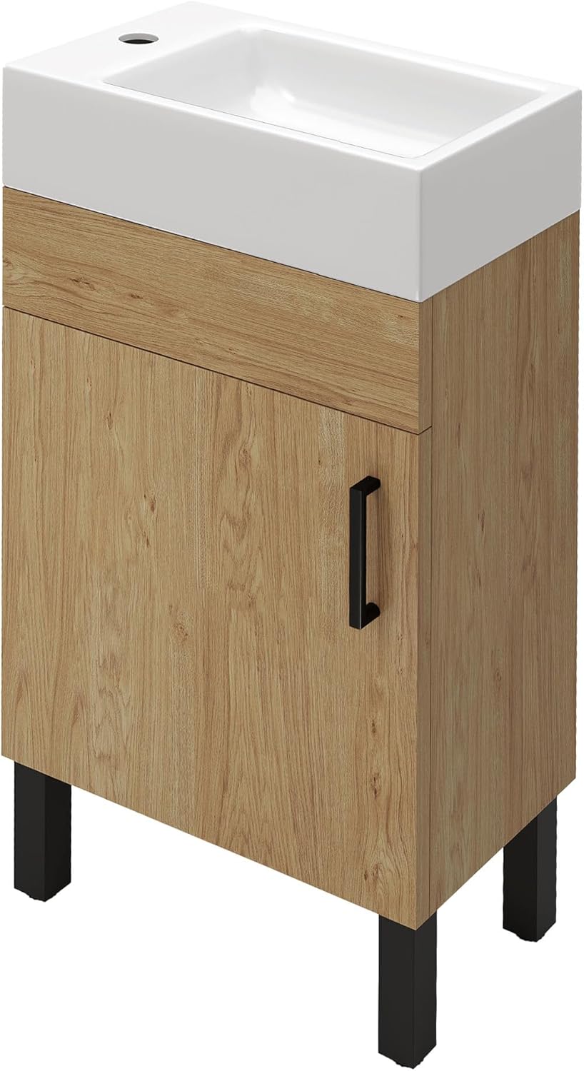 DWVO 16 Inch Bathroom Vanity Sink for Small Space, Freestanding Bathroom Cabinet with Undermount Ceramic Sink, Modern Bathroom Storge Vanity Soft-Close Doors, Natural Brown