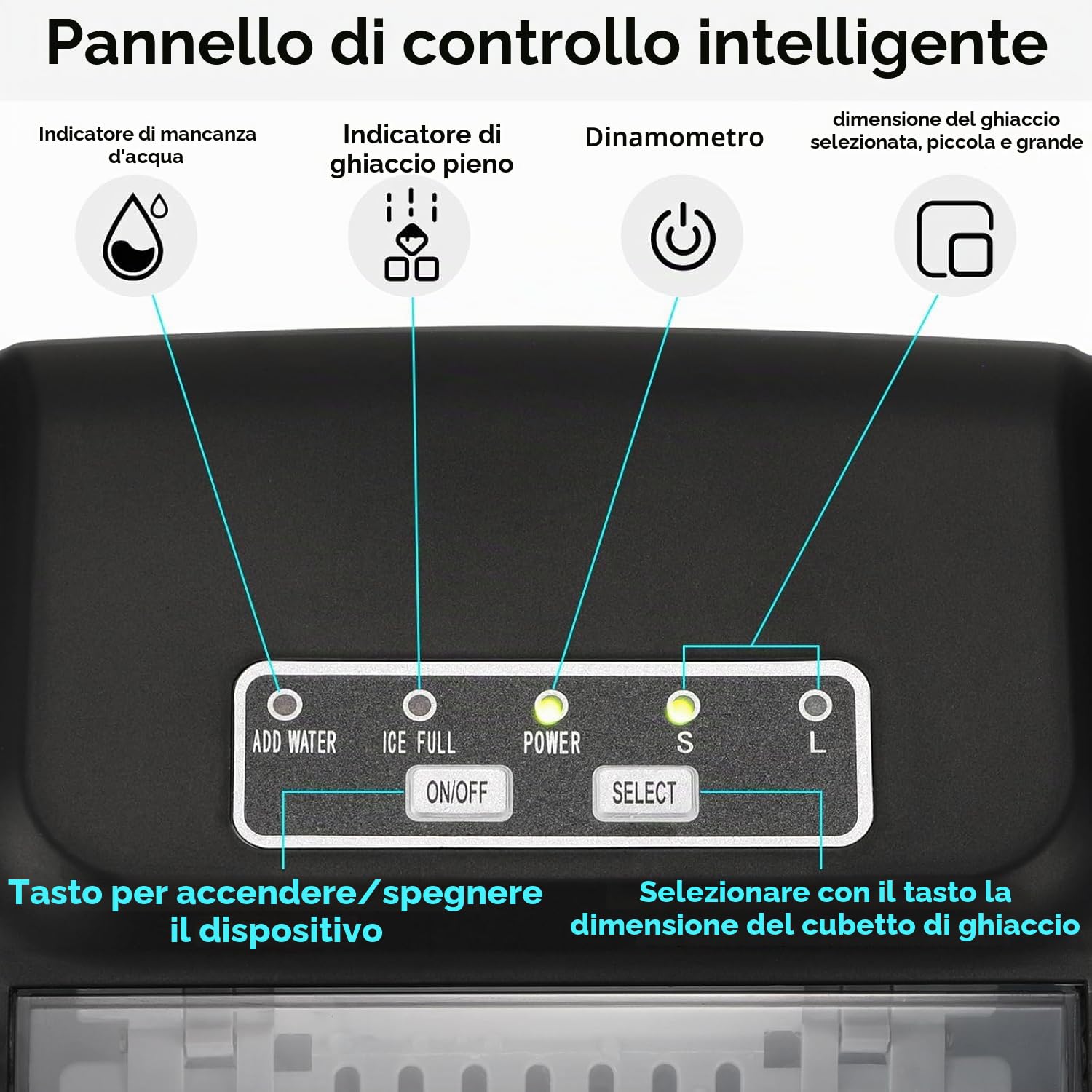 Macchina Ghiaccio, Macchina Ghiaccio Casa 12kg/24h, 9 Cubetti di Ghiaccio in 6 Minuti, 2 Dimensioni di Ghiaccio, Macchina del Ghiaccio Autopulizia, Macchina per il Ghiaccio con Maniglia/Cestello/Pala