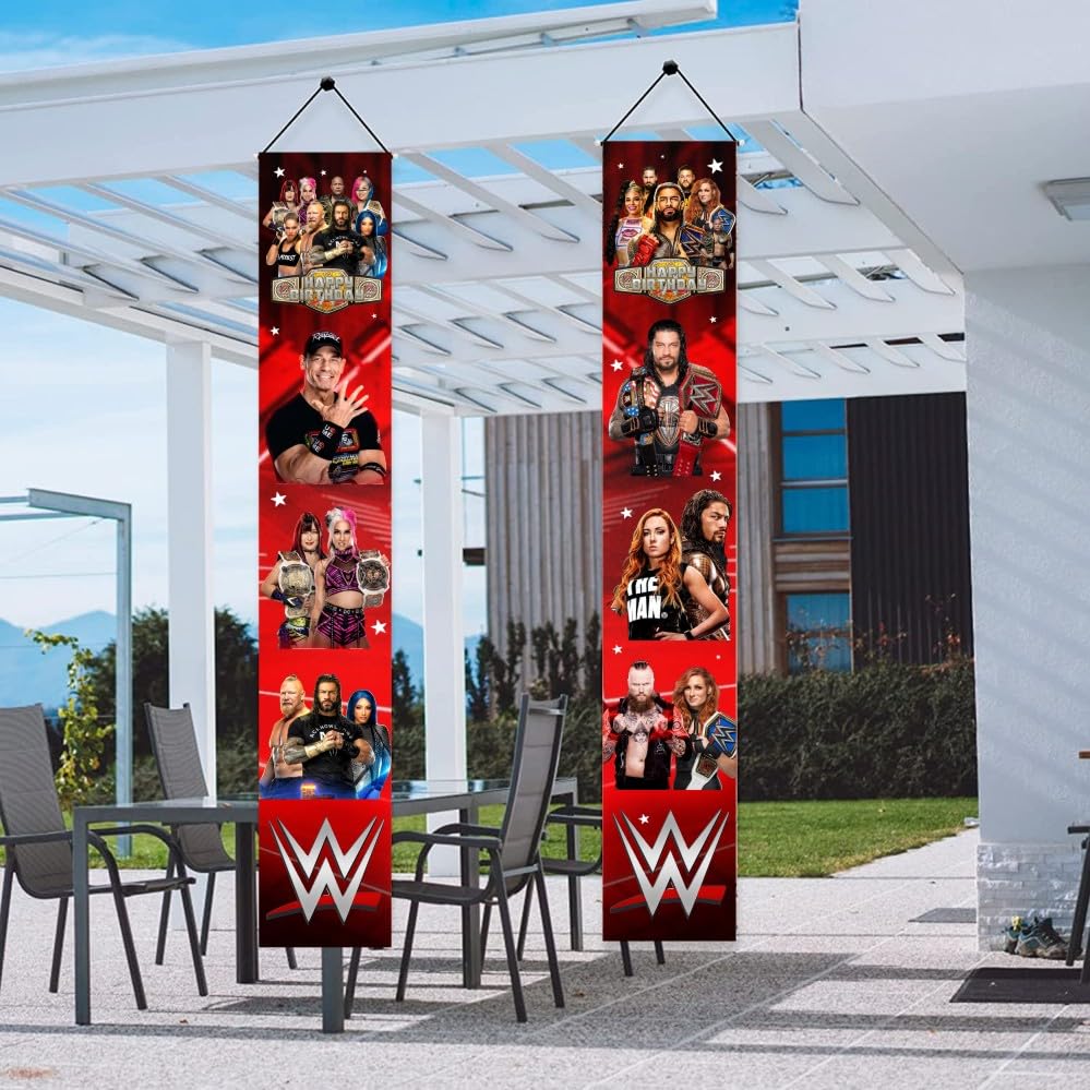 Image of 2Pcs Wresting Birthday Porch Sign Door Hanging Banner Party Supplies for Wresting Themed Door Decorations