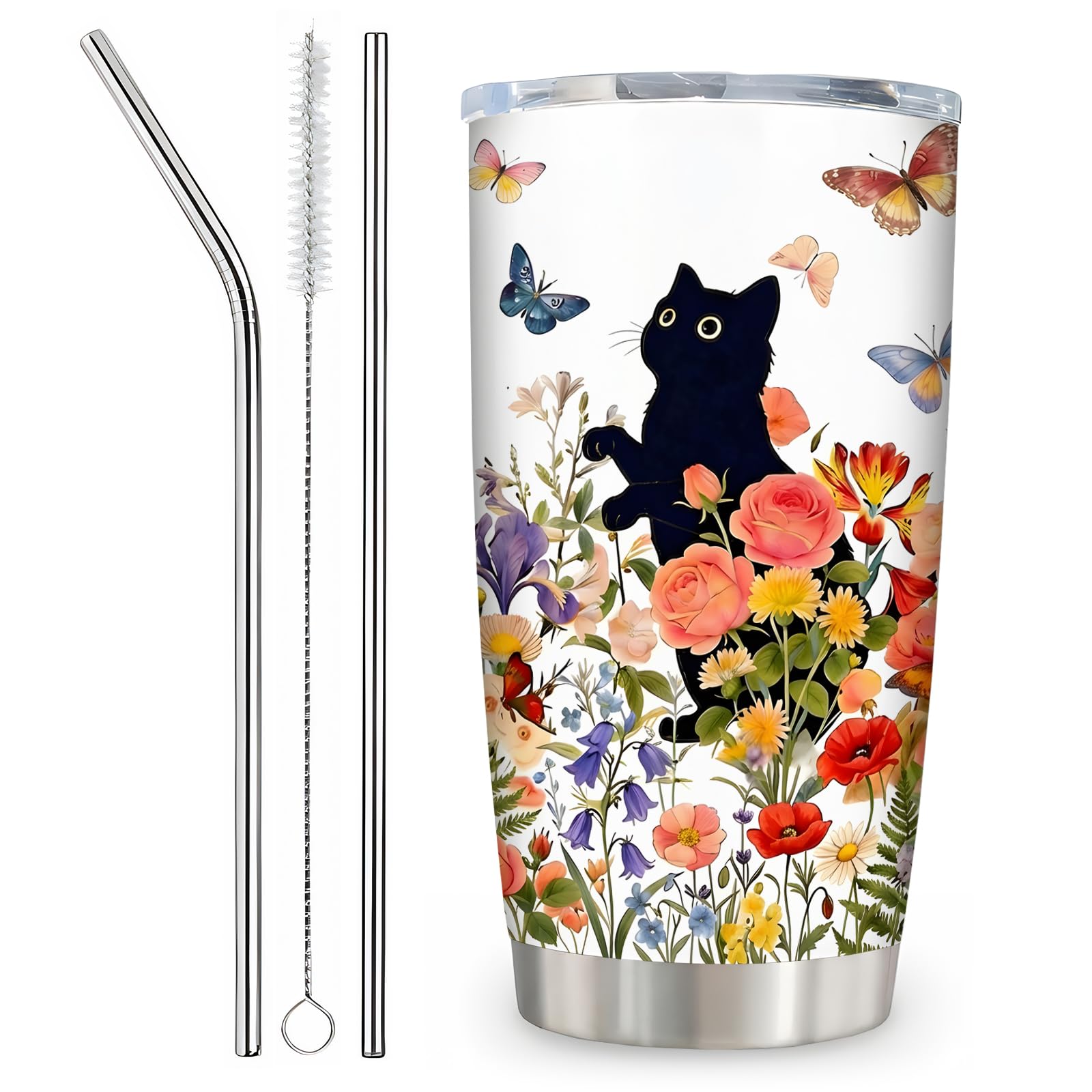 Cat Mug Insulated Travel Mug for Cat Lovers Gifts, Flower Field Black Cat 20oz Stainless Steel Cup, Hot Drinks & Ice Coffee Tumbler with Straw and Lid