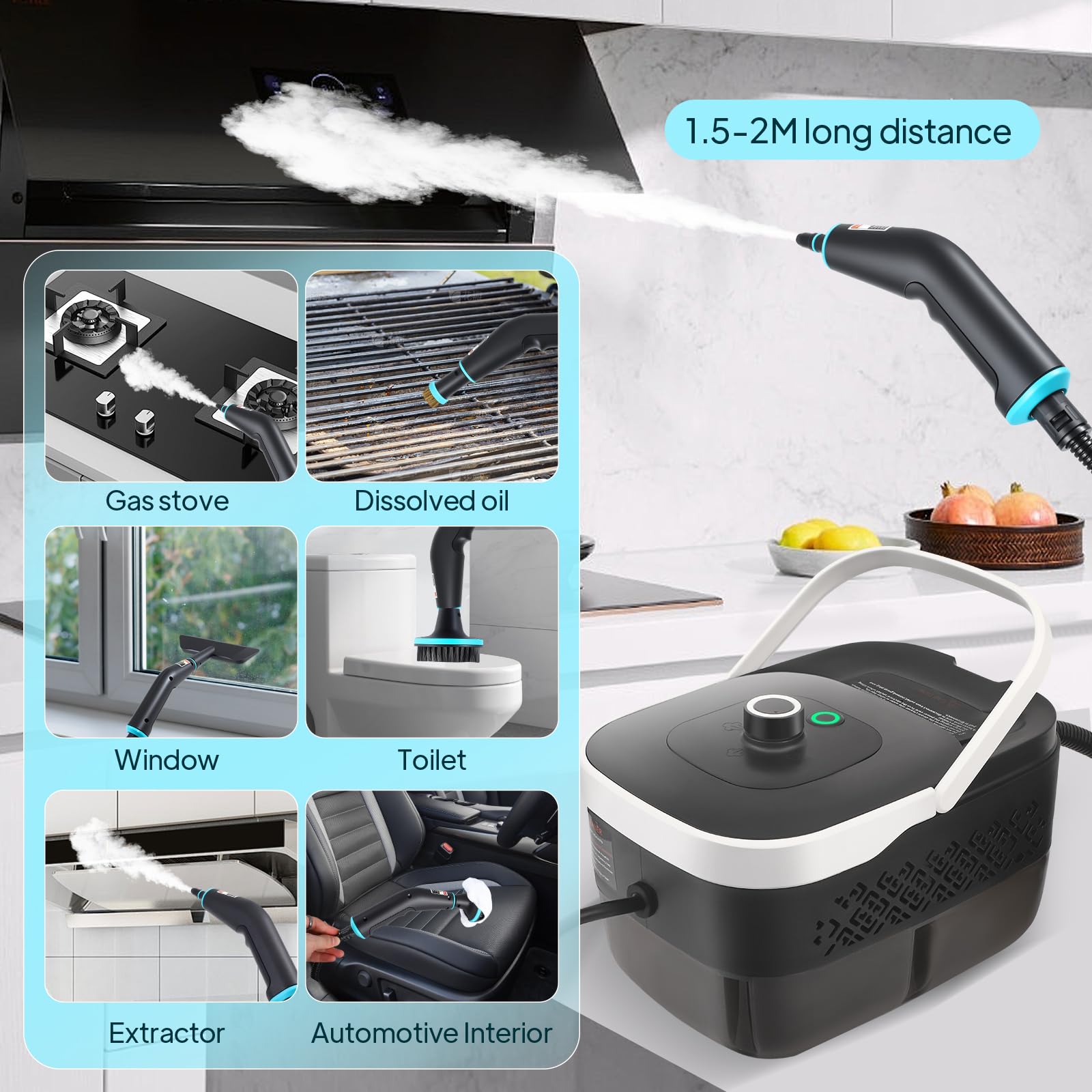 Pulitore a vapore manuale da 2500 W, 4,5 bar ad alta pressione e 15 s, serbatoio dell'acqua da 1250 ml, 9 accessori per cucina (piano cottura in ceramica), auto, pavimento, finestra, barbecue