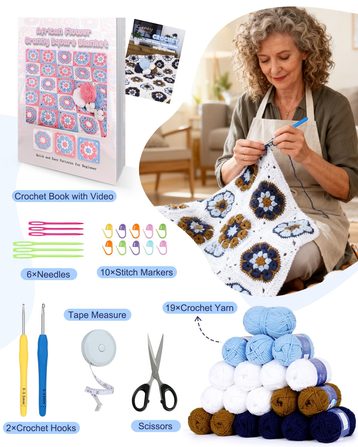 Coopay Häkeldecken-Set für Anfänger, quadratisches All-in-One-Set mit Schritt-für-Schritt-Video und genug Garnen – Master Granny Square Häkeln einfach, ideales Geschenk für Bastelliebhaber (Mokka-Blau