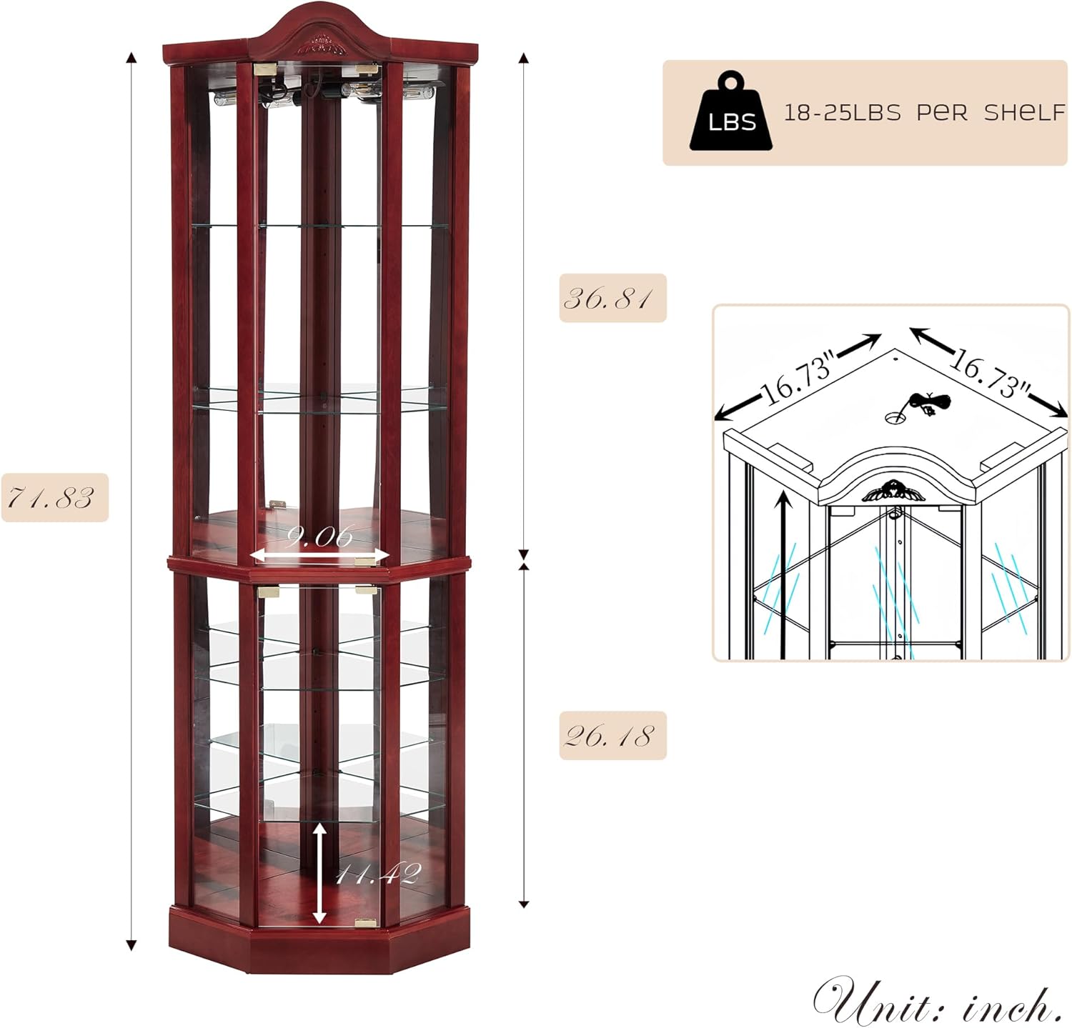 72" H Lighted Curio Cabinet with Light Blub, Glass Display Cabinet with 6 Adjustable Shelves, Tempered Glass Doors, Corner Wine Cabinet Storage Rack for Bar and Liquor Storage (Cherry)