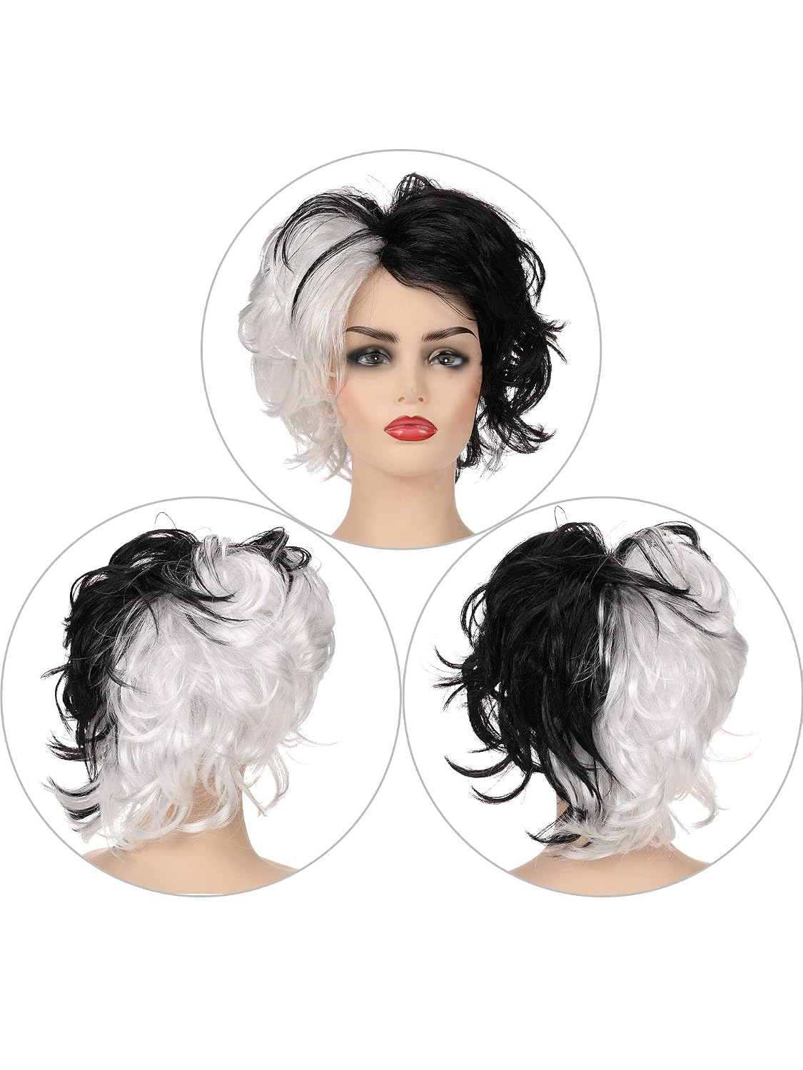 WILLBOND Halloween Lady Costume Wig Set Half Black and White Wig Faux Pearl Necklace (Style 2)