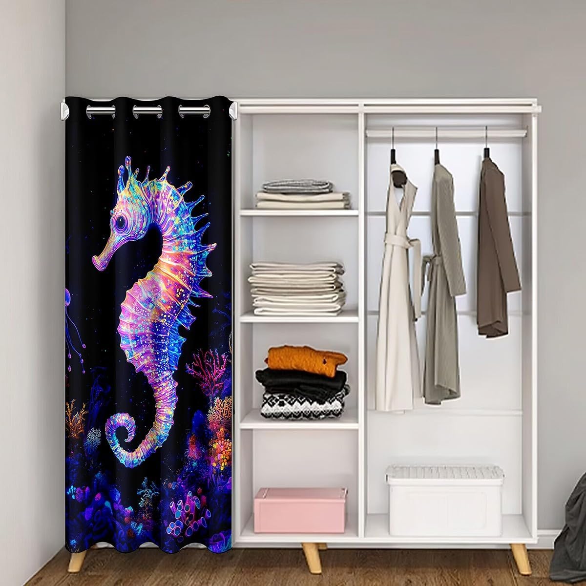 jejeloiu 34インチx80インチ タツノオトシゴ ドアカーテン 戸口用 プライバシー 海 動物 クローゼットカバー 子供用