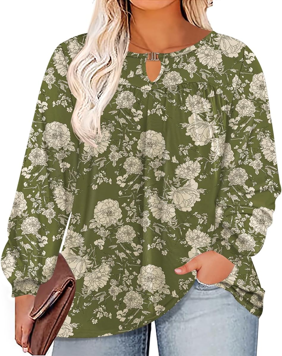 TFSDOD Women Plus Size Tops Long Sleeve Shirts V Neck Pleated Keyhole Blouse Loose Work Tunic Tee 1X-5X